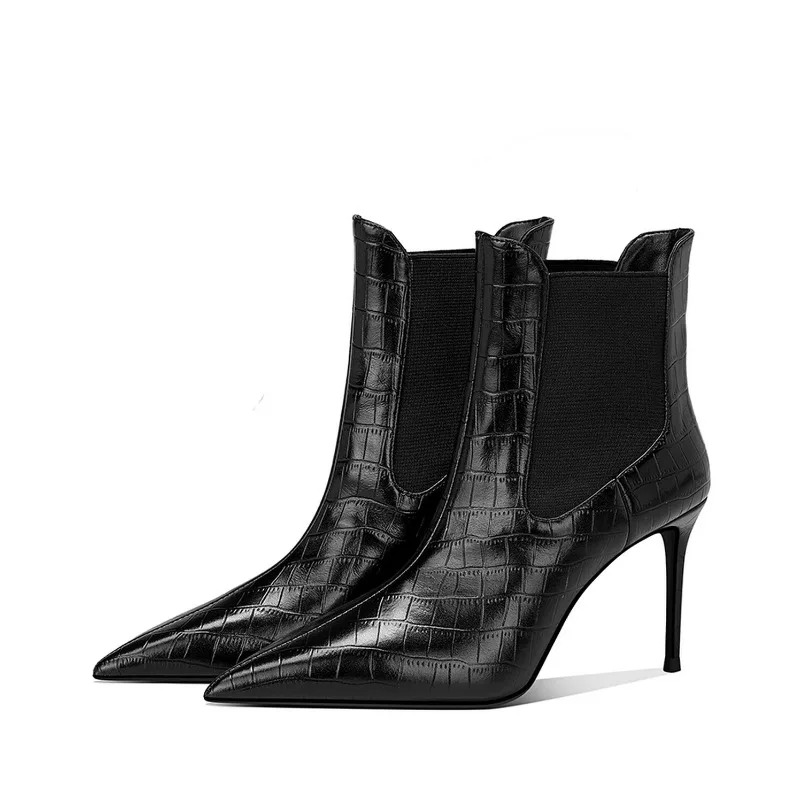 

2025 New Womens Black Crocodile High Heel Boots Pointed Toe Stiletto Ankle Boots