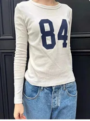 女性用ロングクルーネックネックTシャツ,レタリングプリント,スリムコットンベーストップ,修理番号,84,プレッピー,2024