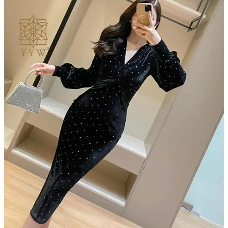 Elegant Polka Dots Women Dress Ladies Banquet Prom Full Sleeve Mermaid Dress V Neck Evening Female Maxi Ball Gown Cocktail Dress