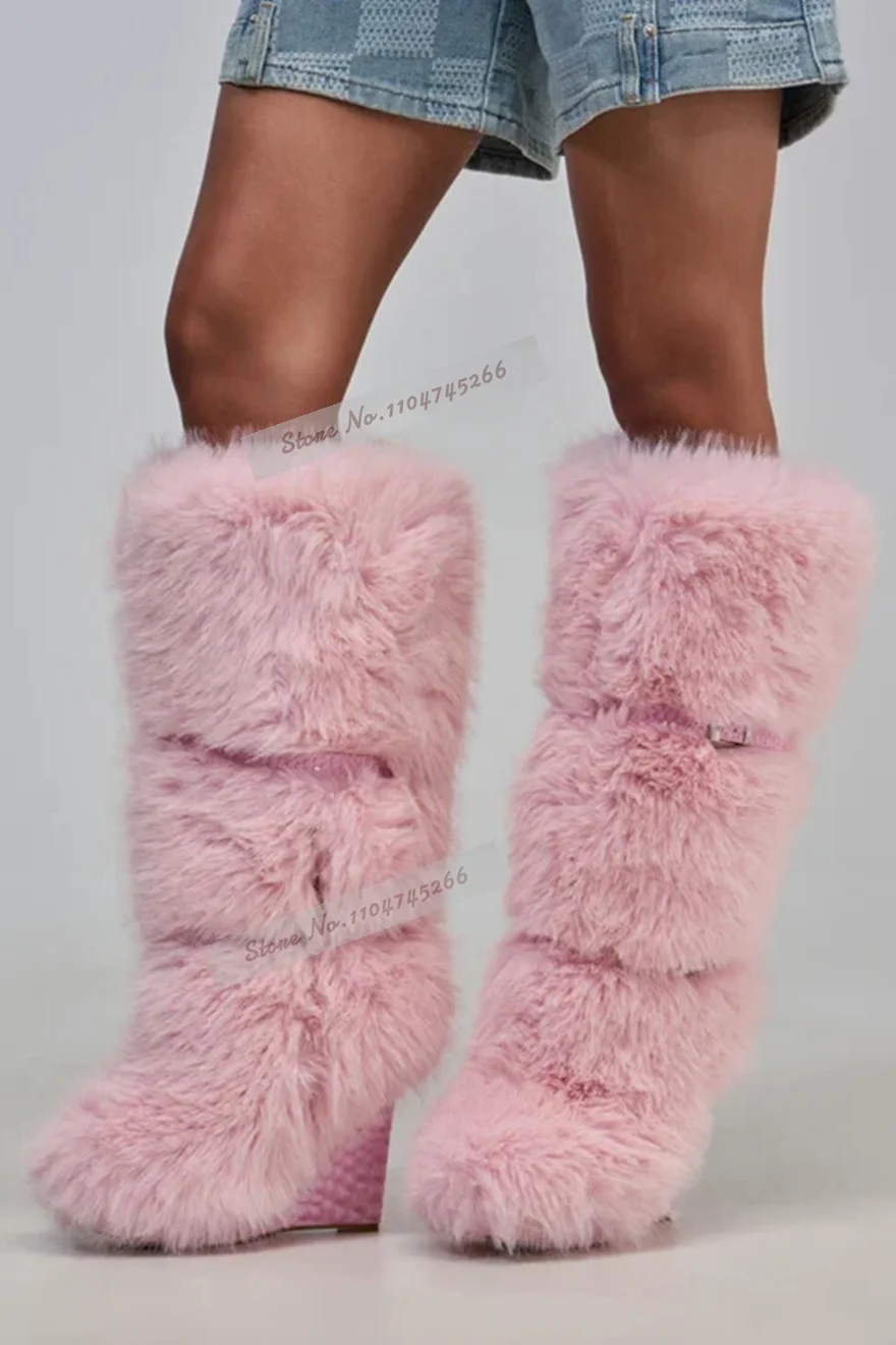 Pink Soft Fur Knee High Boots Wedged Heel Round Toe Fluffy Furry Tall Boots Snakeskin Platform Winter Fashion Party Shoes