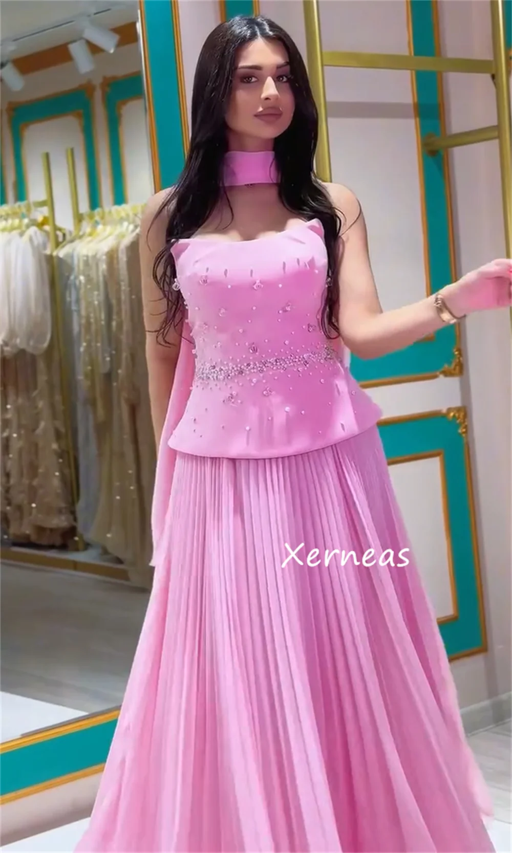 맞춤형 절묘한 저지 스팽글 플리츠 A 라인 끈이 없는 긴 드레스 맞춤형 행사 저녁 패션 현대 스타일