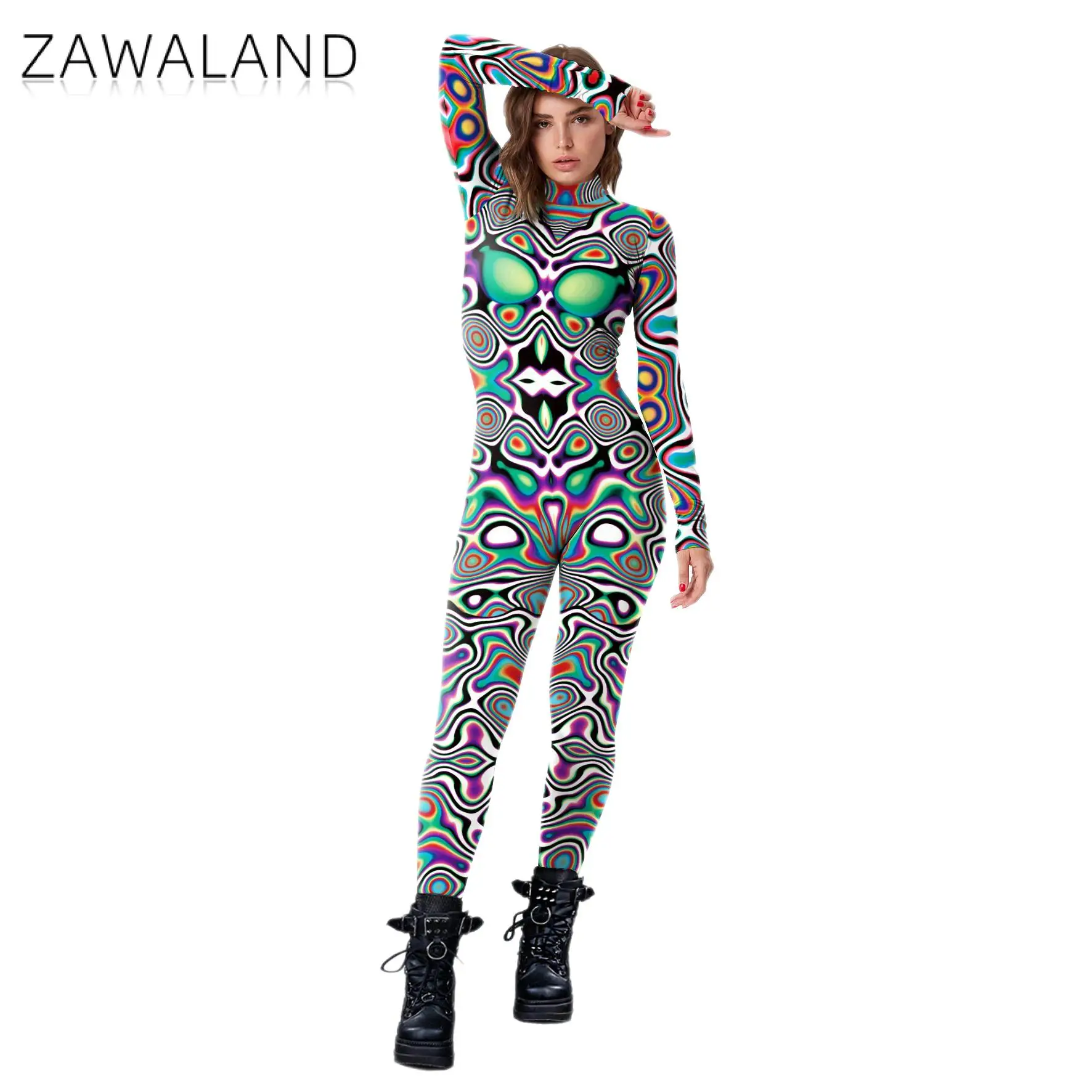 Halloween Cosplay Costumes for Women Carnival punk Steampunkartistic Pattern Sexy Slim Jumpsuit Performance Zentai Bodysuit