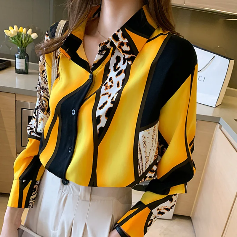 #3112 Green Yellow Leopard Printed Chiffon Shirts Long Sleeve Vintage Loose Elegant Womens Tops And Blouses Elegant Office 