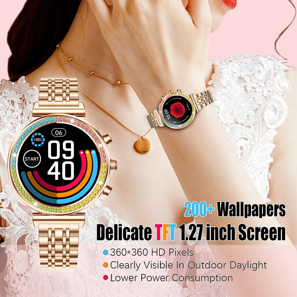 2025 ساعة ذكية جديدة للمرأة 1.27 "HD عرض ساعة ذكية النساء بلوتوث المكالمات مقاوم للماء الرياضة مراقبة معدل ضربات القلب الساعات