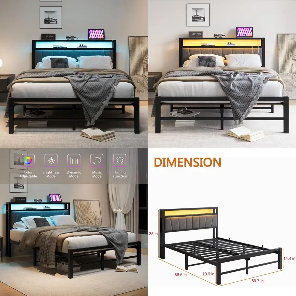 

Queen Size Upholstered Bed Frame with Storage Headboard, Charging Station, LED Lights, and Heavy Duty Metal Slat Support