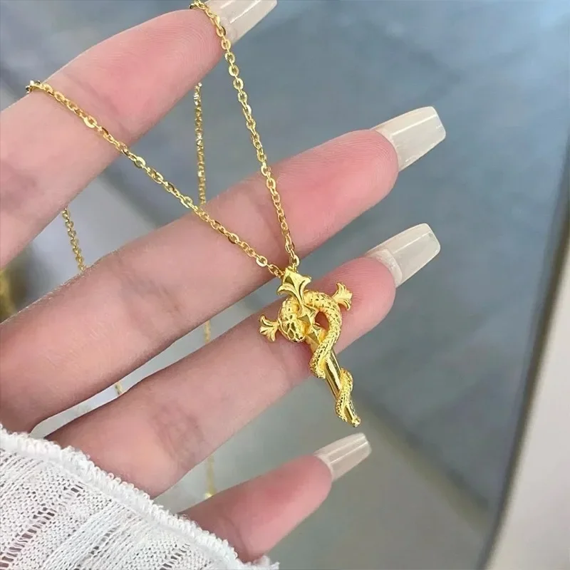 Genuine 18K Gold Color Fashion Snake Guardian of The Cross Necklace Chain for Women Fine Jewelry Sets Wedding Birthday Gifts