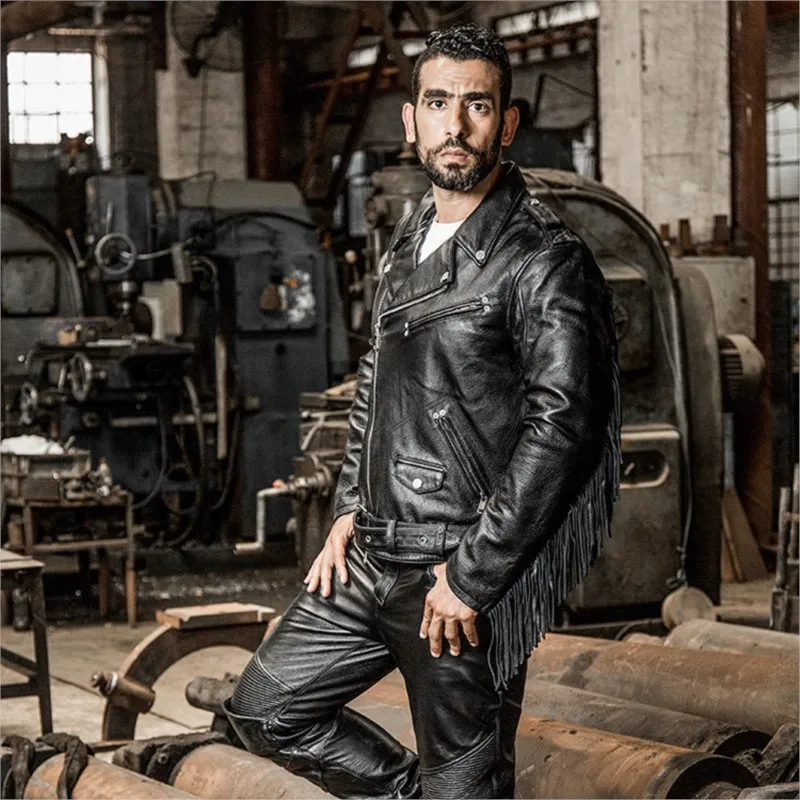 Fringed leather men's lapel slant top layer cowhide