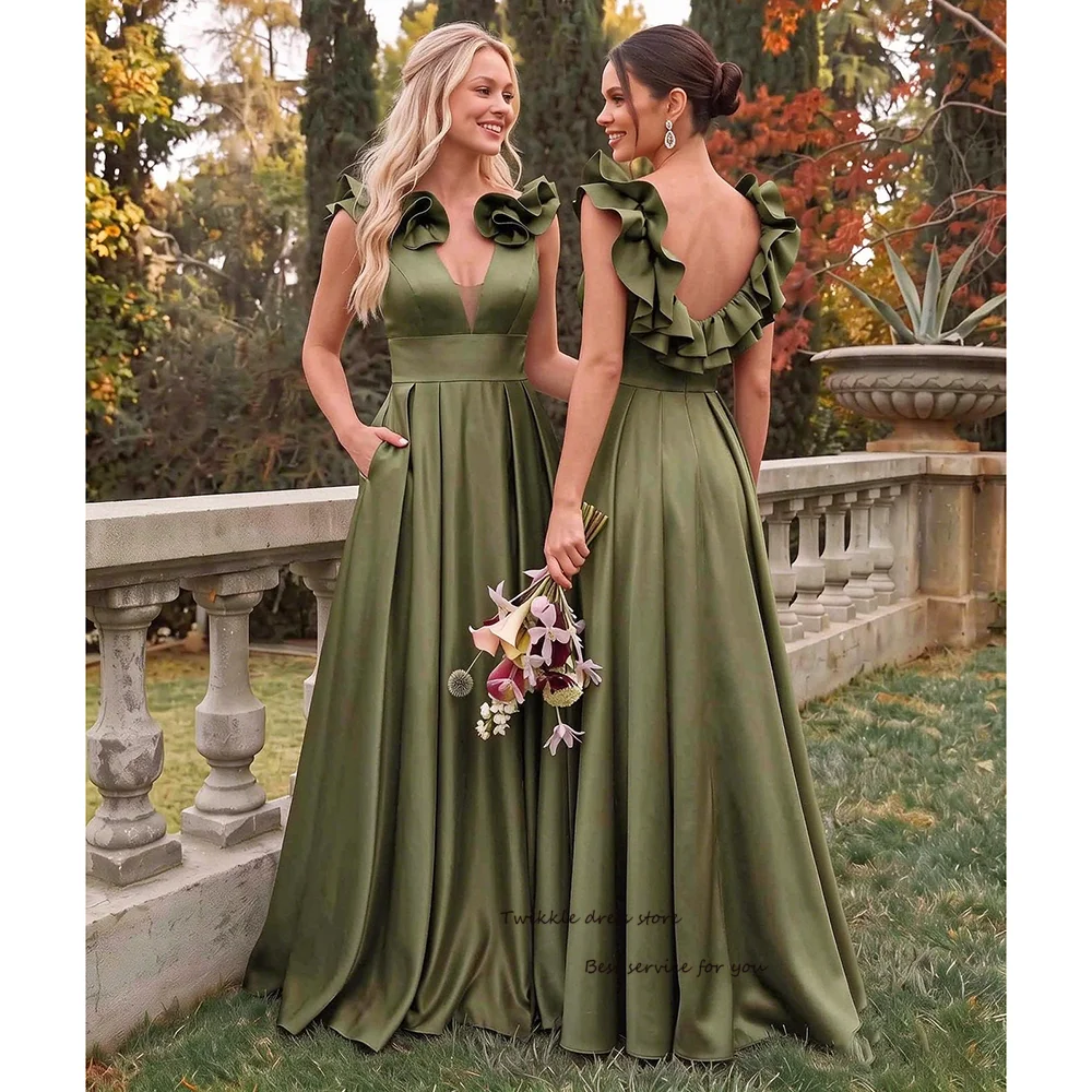 Satin A-line Bridesmaid Dresses for Women V-neck Draped Backless Elegant Wedding Guest Dress Customized Maxi Party Gowns