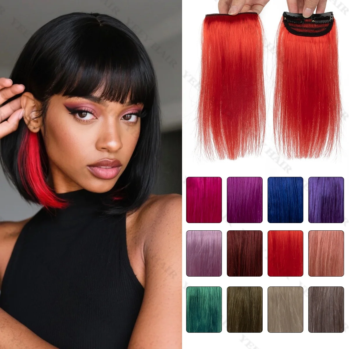 

Human Hair Clip-In Extensions With 2 Clips Straight Hair Heat-Stylable DIY Hair Extensions Hot Pink, Red, Highlight for Women