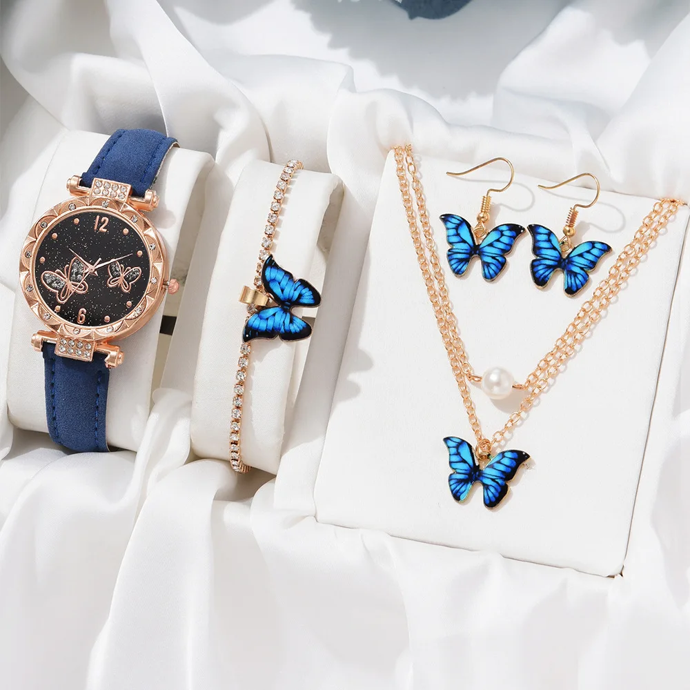 5pcs Set Women Quartz Watch Female Clock Butterfly Dial Luxury Brand Design Women Watches Simple Ladies Wristwatches Earrings