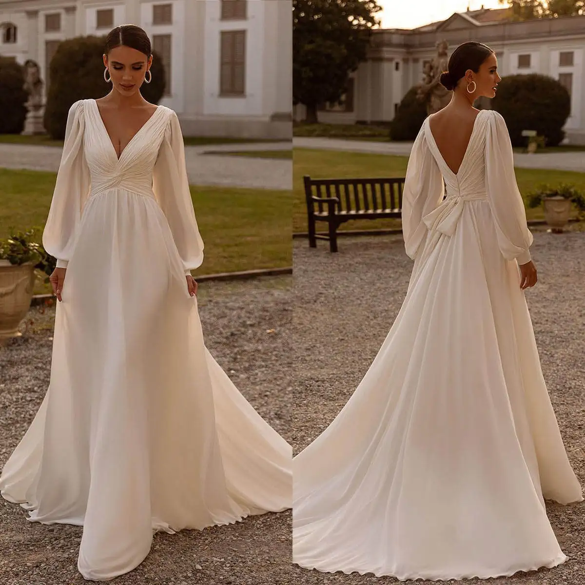 Robes de mariée A-Line personnalisées, manches longues, col en V, plissé, dos nu, longueur au sol, robes de patients modernes, train de balayage