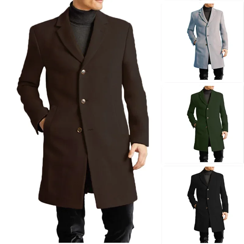 

Men Coats Wool Mid Length Coat Blends Turn Down Collar Full Sleeve Splice Regular Casual Single Breasted Autumn Winter Jackets