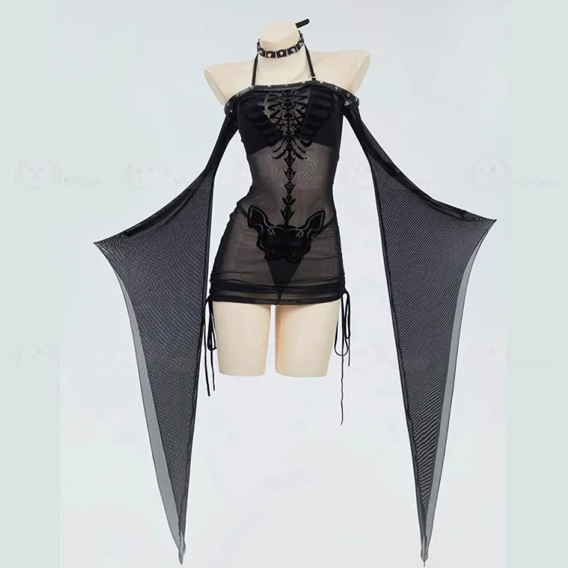 

2026 новое женское готическое черное сексуальное женское белье со скелетонизированным принтом, прозрачное платье и комплект бикини с колье