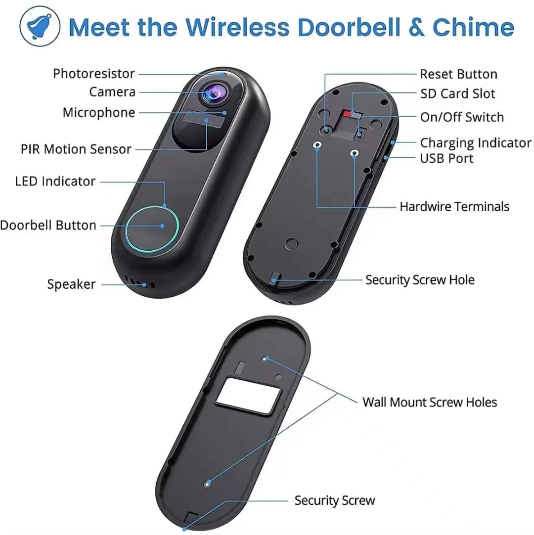 black wireless video doorbell camera 1080p dual wifi showing the back side with camera lens microphone pir motion sensor led indicator speaker sd card slot usb port and wall mount screw holes