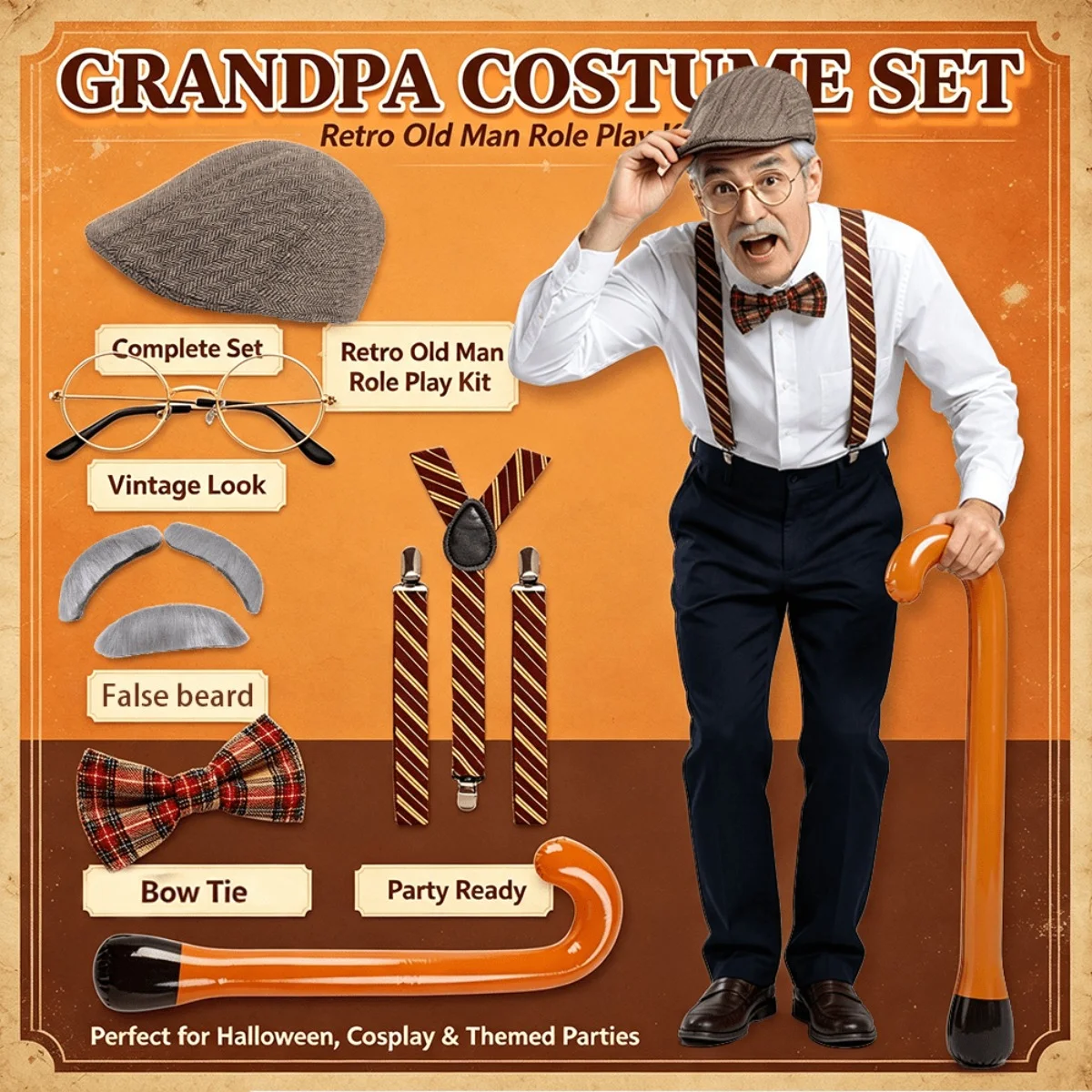 PESENAR Conjunto de Accesorios para Disfraz de Abuelo: Gorra Plana, Pajarita, Tirantes, Gafas, Bastón y Bigote para Disfraz de Anciano en Fiestas de Rol