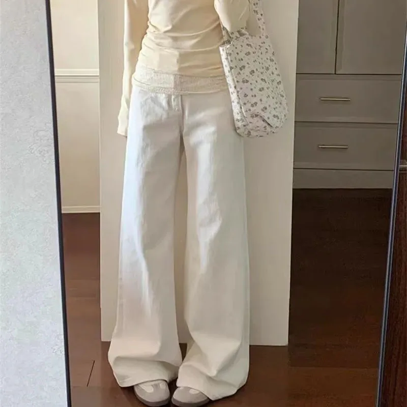 Autumn Female High Waist Solid Color Loose Denim Pantalons Lady Flared Cowboy Trousers Korean Women Non Stick Leg Wide Leg Jeans