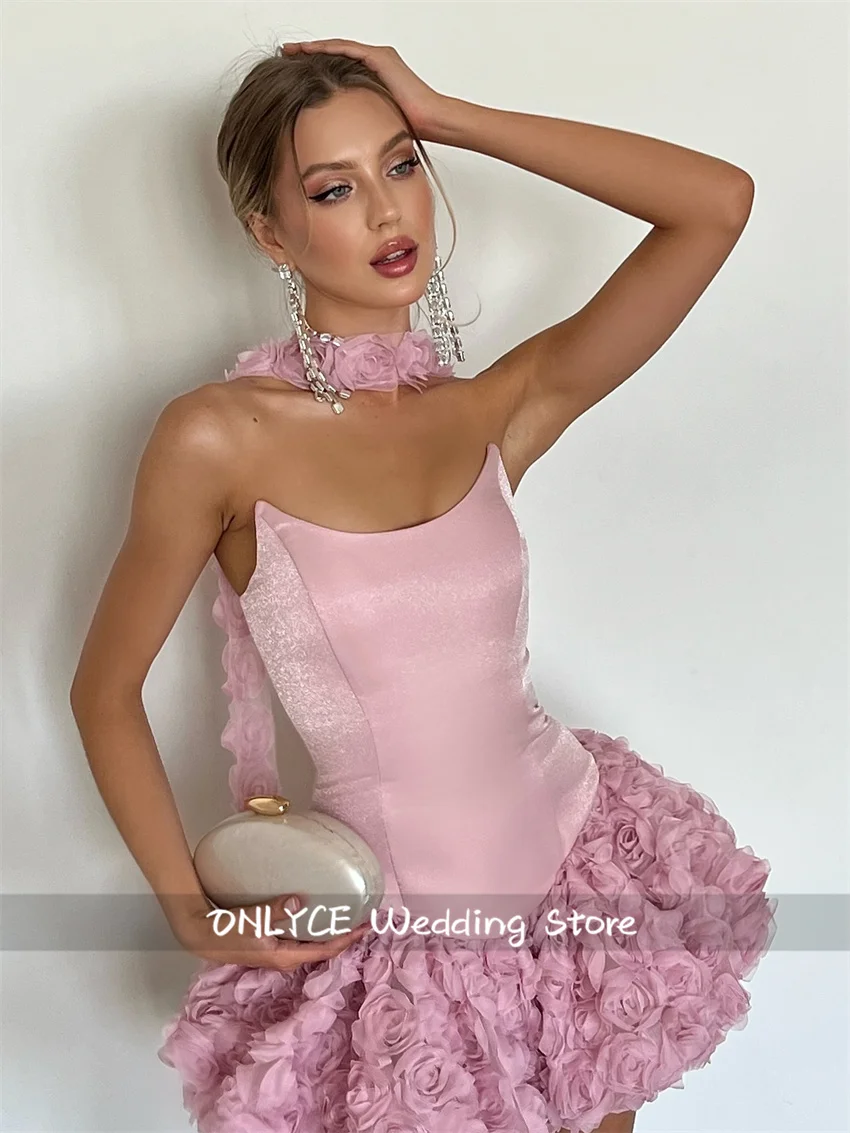 

Sexy Pink Mini Prom Evening Dresses Strapless Sleeveless Flower Short Party Dress Night Cocktail Party Prom Gown Customized
