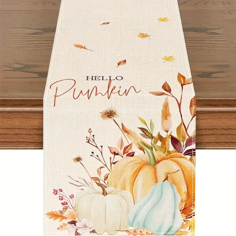 VIKAMA Fall Table Runner Hello Pumpkin Maple Leaf Print Linen Dresser Scarf For Dining Room Kitchen Thanksgiving Decor