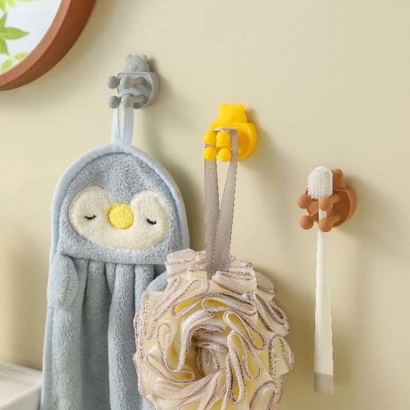 Cute Self Adhesive Toothbrush Holder Wall Mounted Storage Rack Razor Holder Teddy Bear Shape Silicone Shower Hanging Towel Hook