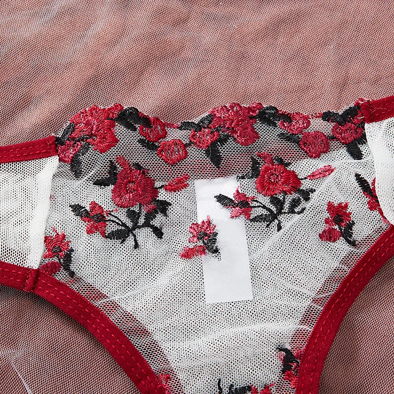 Lencería Sexy para mujer, ropa interior transparente exquisita ultrafina, conjunto de sujetador Floral con bordado de contraste blanco y rojo, disfraces eróticos