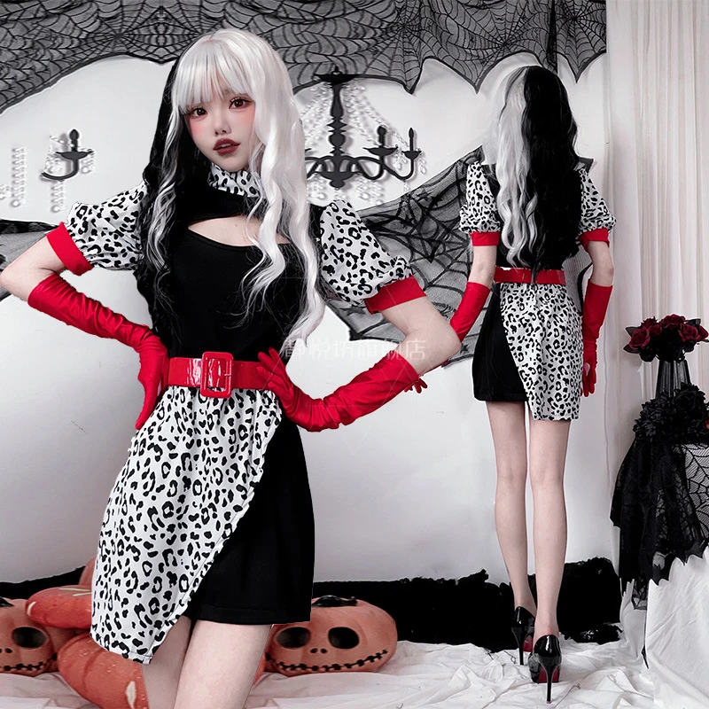 

Halloween Costume for Women Anime Cosplay Movie Characters Dalmatians Black and White Witch Sexy Dress 3Piece Disfraz