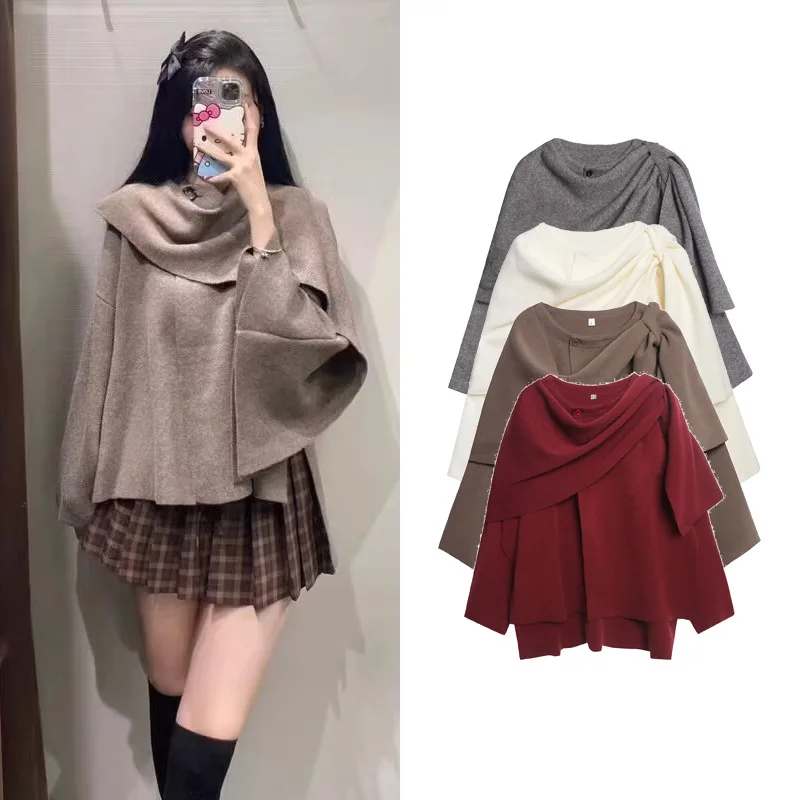 Manteau d'automne décontracté, manches longues, Type régulier, Ponchos, écharpe tricotée ample, col, Capes pour femmes, veste de Style asymétrique