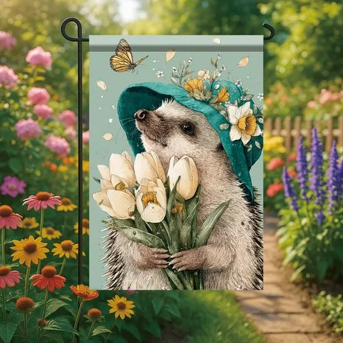 Spring Summer Garden Flag 12x18 Inch Hedgehog Floral Hat Tulip Butterfly Natu... YYZ