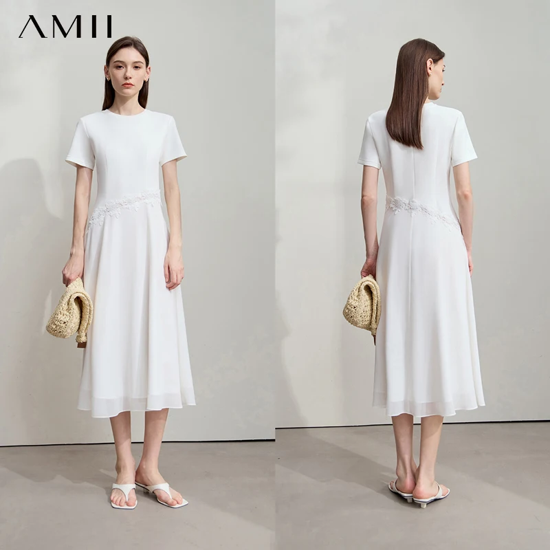 

AMII Minimalist Solid Color Woman Mid Length Dress 2025 Summer Comfortable Lace Patchwork Casual Women's Knit Dresses 12542092