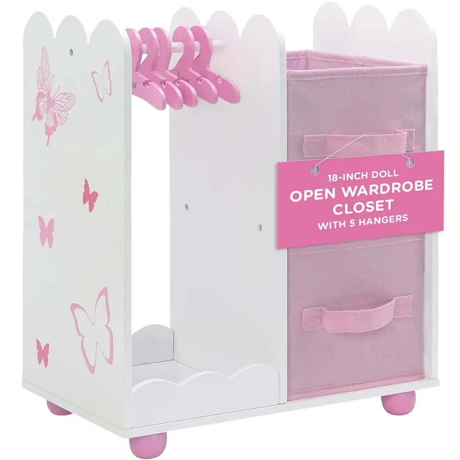 

Rose 18 Doll Open Wardrobe Closet Butterfly Collection Storage Closet with 5 Hangers amp 2 Large Fabric Bins American Girl Compa