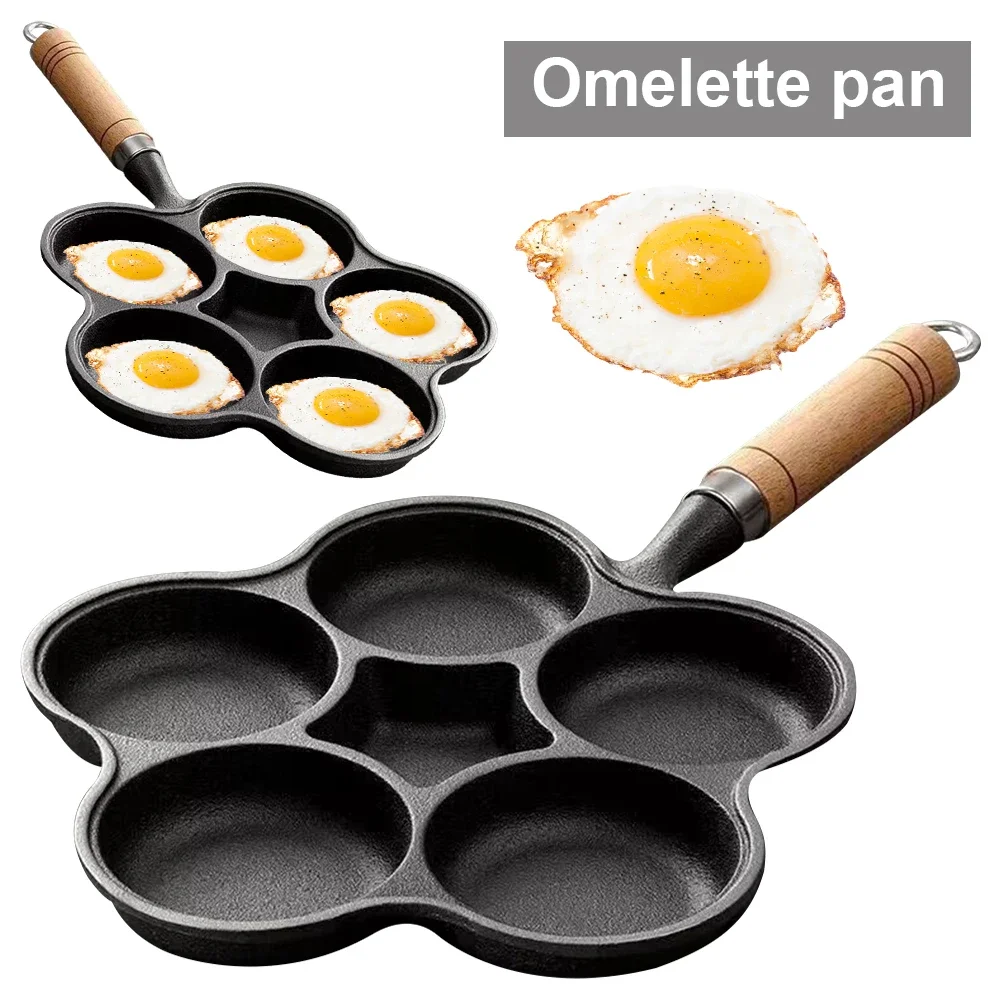 

5 Round Holes Cast Iron Egg Burger Ham Pan Egg Frying Pan Omelet Pan Creative Breakfast Grill Cooking Pot Home Kitchen Cookware