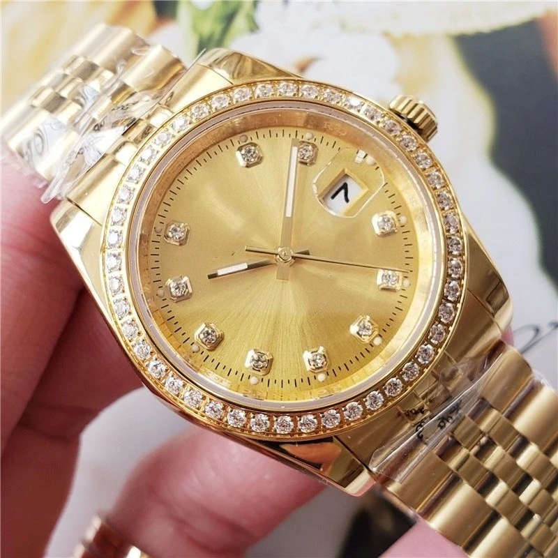 ساعة رجالي فاخرة مطلية بالذهب بإطار ماسي كامل وحركة ميكانيكية أوتوماتيكية متعددة الوظائف ساعة يد فولاذية بالكامل