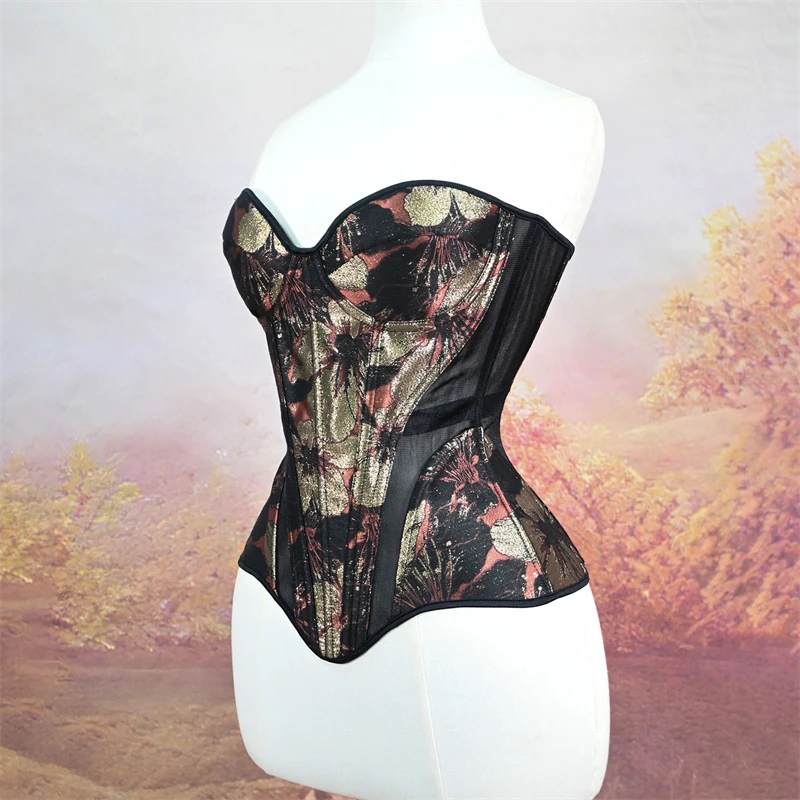 Women Vintage Painted Relief Jacquard Corset & Bustier With Cups Sexy Boned Bodice For Wedding Party Slimming Strapless Tops