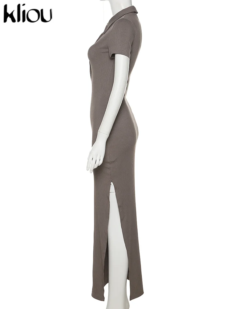 Kliou Elegante Büro Dame Maxi Kleid Frauen Solide Mode drehen-unten Kragen Kurzarm Taste Seite Schlitz Körper-gestaltung Straße Robe – Detail 12