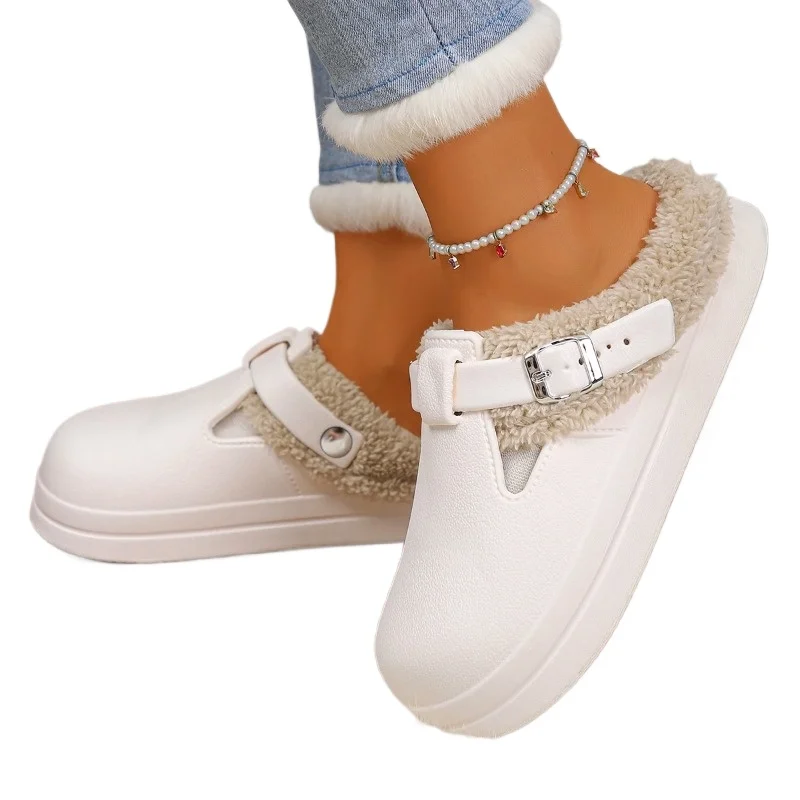 

2026 Winter Metal Buckle Warm Plush Soft Thick Bottom Non Slip Indoor Slides Waterproof Eva Furry Mules Slippers Women