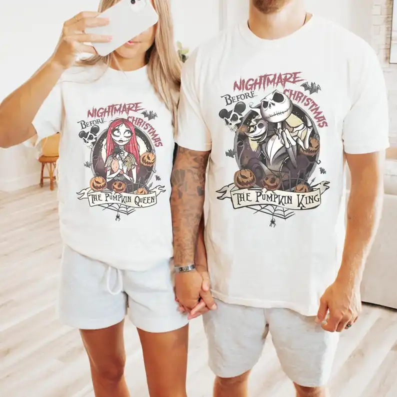 Jack y Sally Halloween pareja camisa pesadilla antes de Navidad Jack Skellington el rey calabaza Zero Sally camiseta de reina calabaza