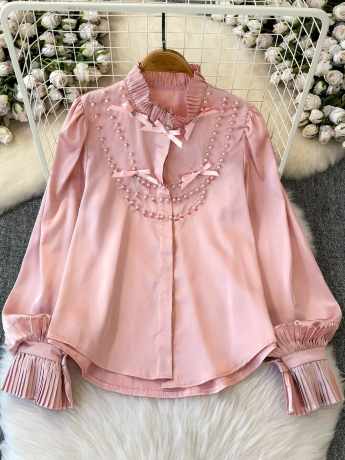 

Fairy Pearl Collar irt Korean Sle Loose Fit Long Sve Flounce Hem для поездок на работу irt для молодых женщин в их 20-х годов