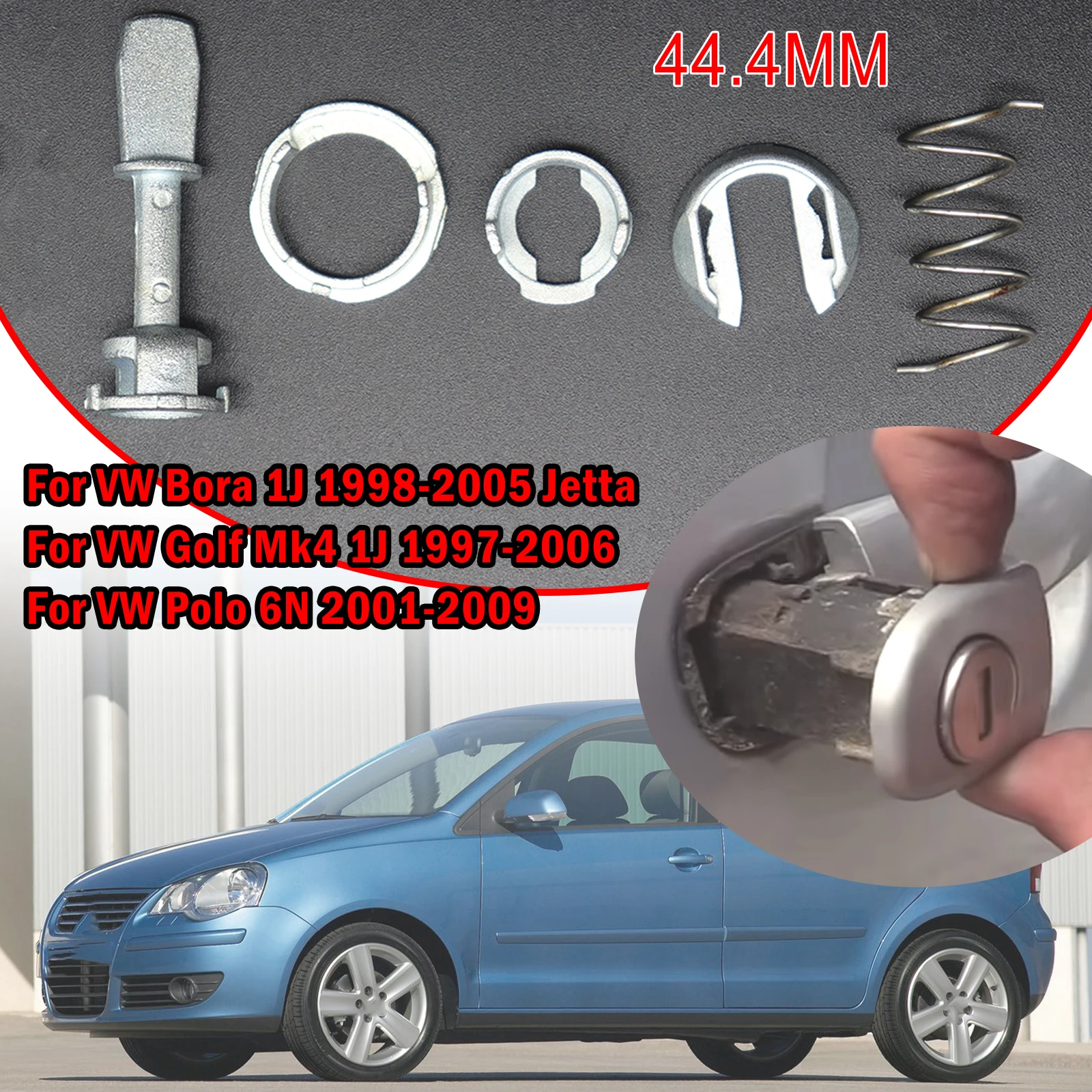 

5pcs/set Front Door Handle Lock Cylinder Barrel Paddle Repair Kit 44.4MM Tool Kit Replacement For VW Bora 1J Golf Mk4 Polo 6N
