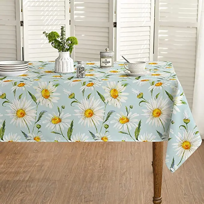 Waterproof Rectangular Tablecloth Spring Summer Seasonal Daisy Blooming Floral Tablecloth for Party Picnic Dinner Decoration