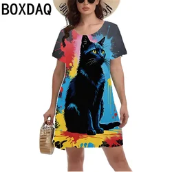 Sweet Lovely Style Dress 3D Fun Cartoon Cat Printed Mini Dress Women Short Sleeve O-Neck Casual Dress Vestidos De Mujer