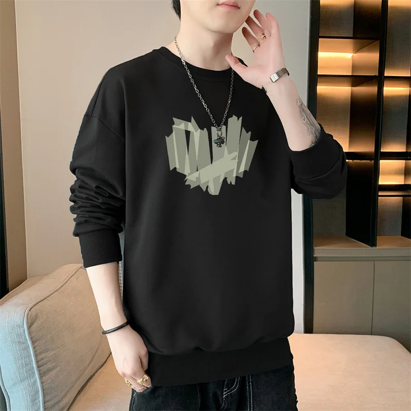 New Spring Autumn Men\'s Round Neck Hoodies Fashion Trendy Printed Geometric Solid Color Long Sleeve Pullover Casual Bottom Tops