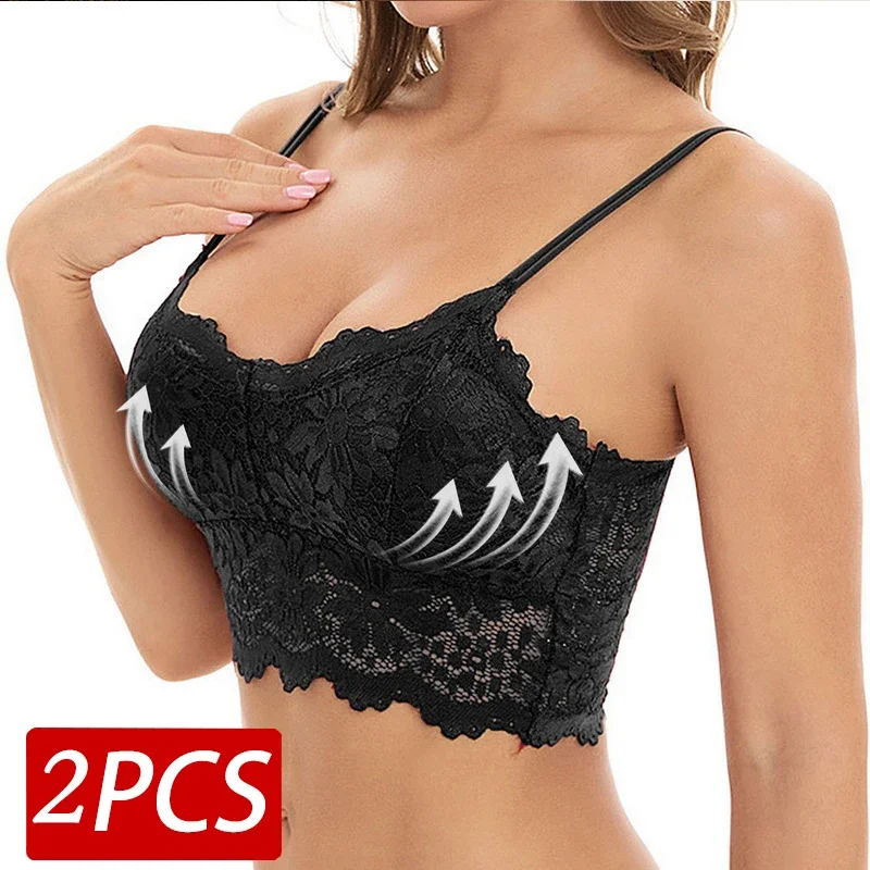 

2 Pcs Women Lace Bras Top Comfortable Bralette Solid Color Sexy Underwear Vest Female Hollow Out Wireless Lingerie Seamless Bra