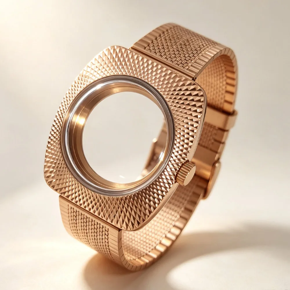 36.5mm Gold Rose Pattern Carving Case NH34 NH35 Watch Case For NH35 NH36 NH70 Movement Transparent Back Double Domed Glass Case