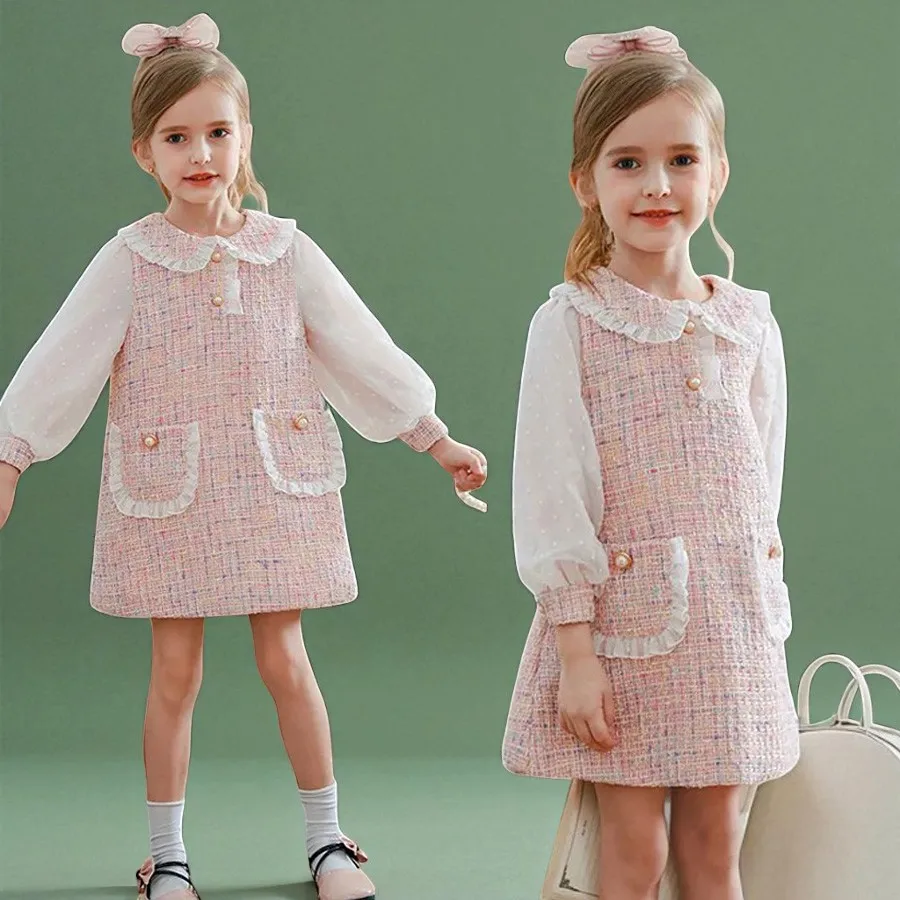Śliczne sukienki dla dziewczynek Wiosna Jesień Puffle Sleeve Kids Princess Clothes Plaid Doll Collar Party Teens Wear dla 6 8 10 12 lat
