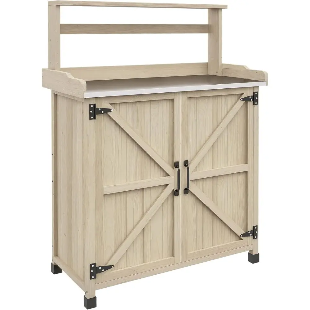 Potting Bench, Outdoor Wooden Potting Table with Storage Cabinet with 2 Shelves, Garden Work Bench with Galvanized Plated Tablet