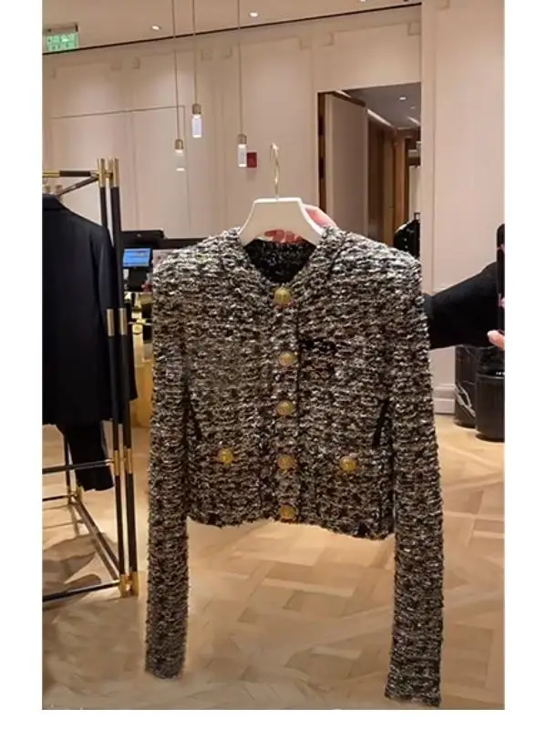 

Вязаный свитер в стиле ретро, круглый женский модный дизайн Ele, осеннее роскошное пальто прямого кроя, весенняя коллекция