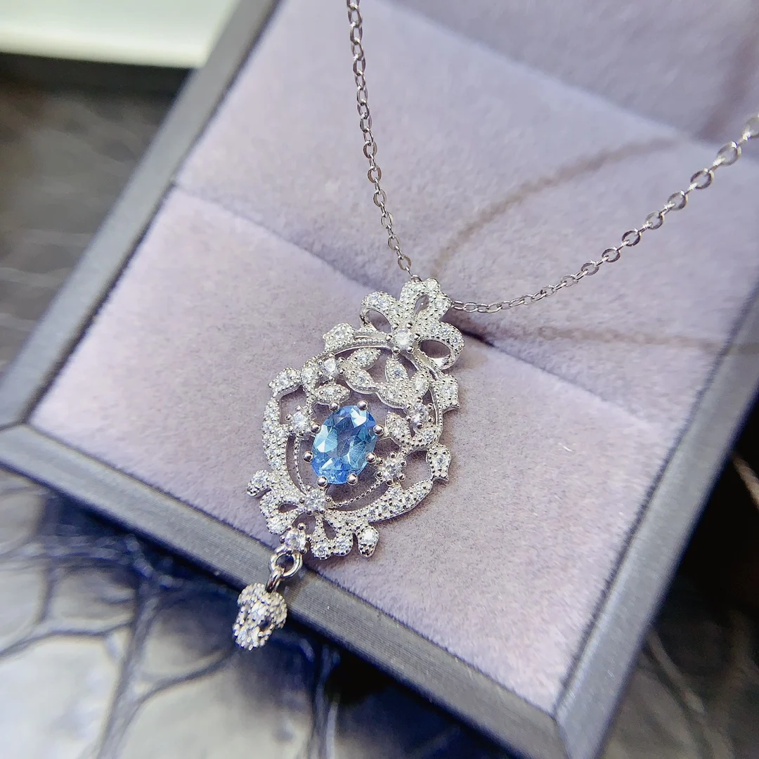 

SHILOVEM 925 sterling silver Natural Blue Topaz pendant 5*7mm classic fine Jewelry women gift send necklace lz050755agb