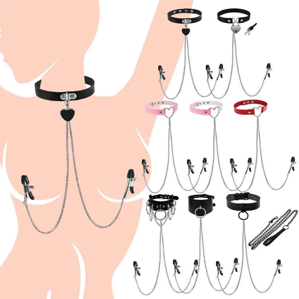 1 anillo para pezón con gargantilla, Collar de cuero estilo Punk, Gargantilla, Clip para pezón, cadena larga, barra para pezón, joyería para Piercing