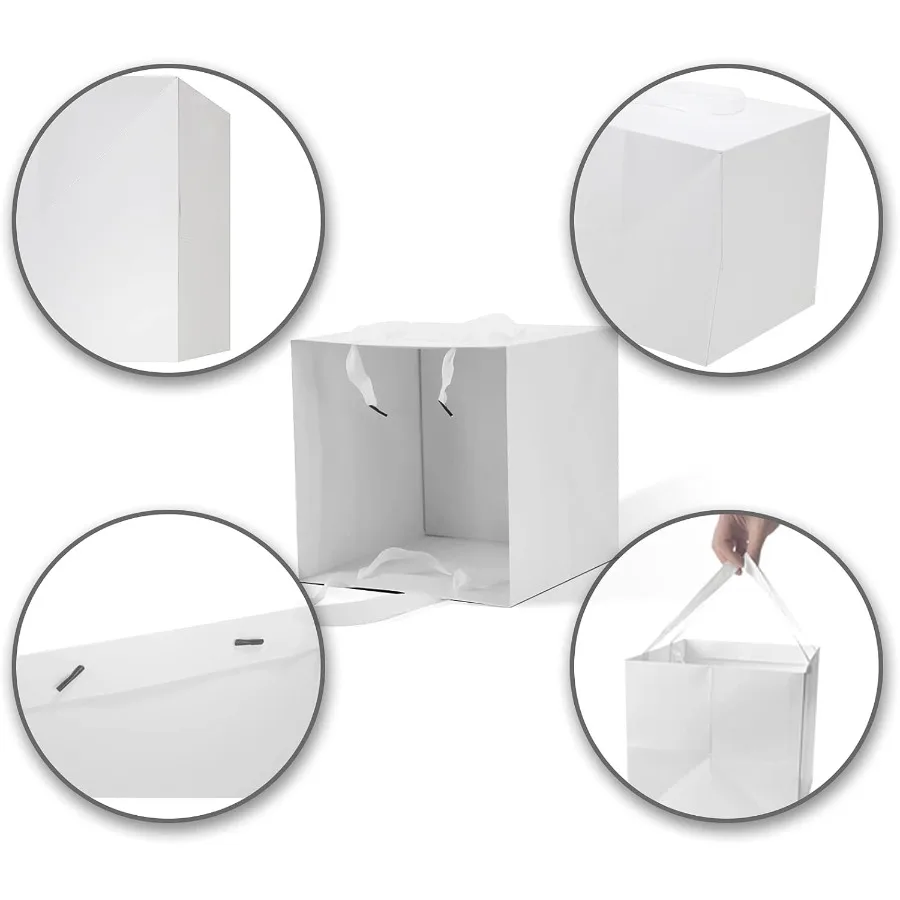 Sacos de papel branco com alças, sacos de presente em massa, 12 pacotes, tamanho quadrado grande, 10x10x10 polegadas, kraft, ideais para lembrancinhas, presentes de aniversário
