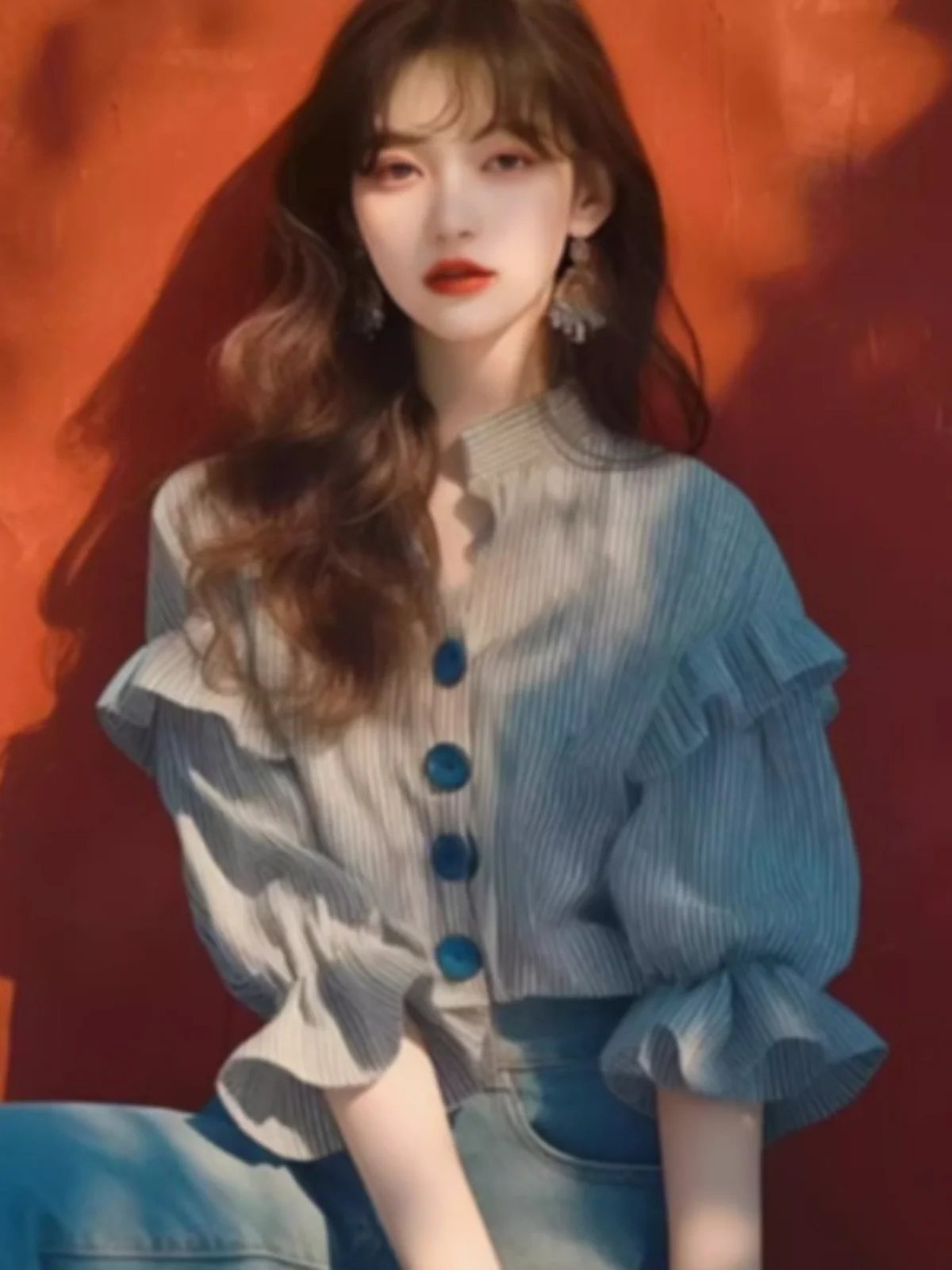 

Ele Bla White Striped ort Sve irt for Women with Lace Hem Princ Sle Button up Vintage Commute Loose Fit