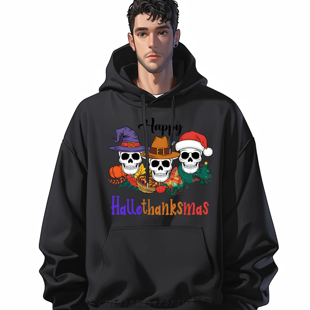 

Happy Hallothanksmas Skull Halloween Thanksgiving Xmas Anime Sweatshirts Women Hoodies Men Printed On